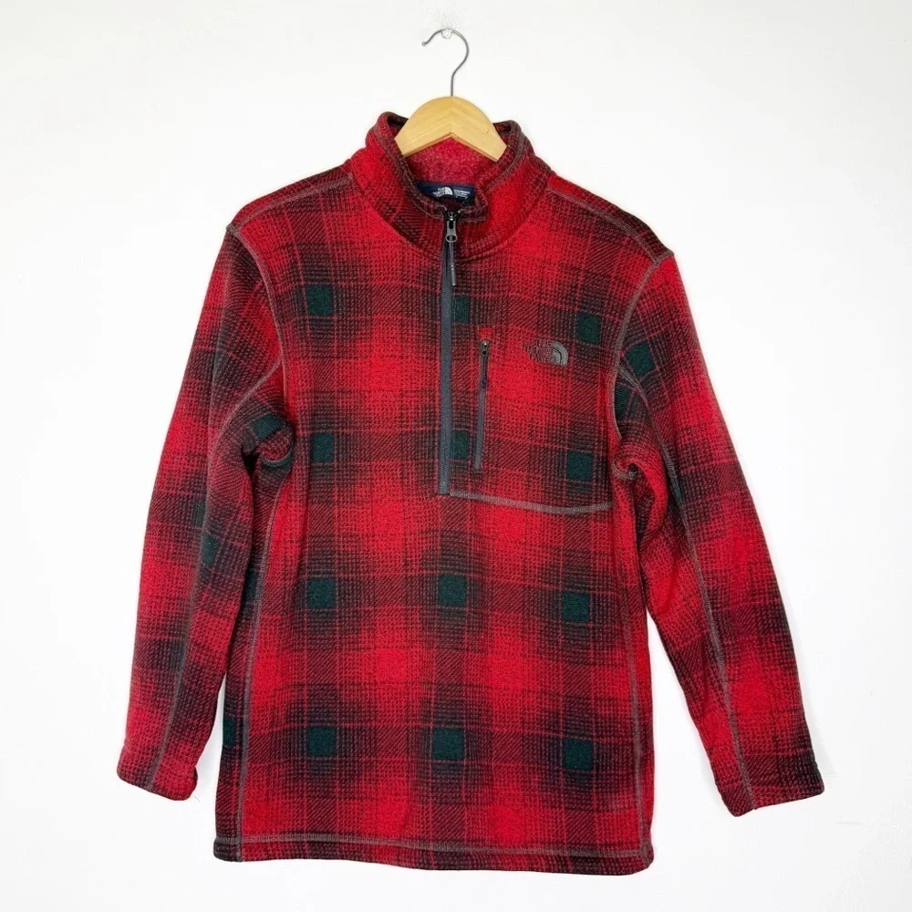 The North Face Men's Red Plaid Quarter Zip Fleece Size Medium Large